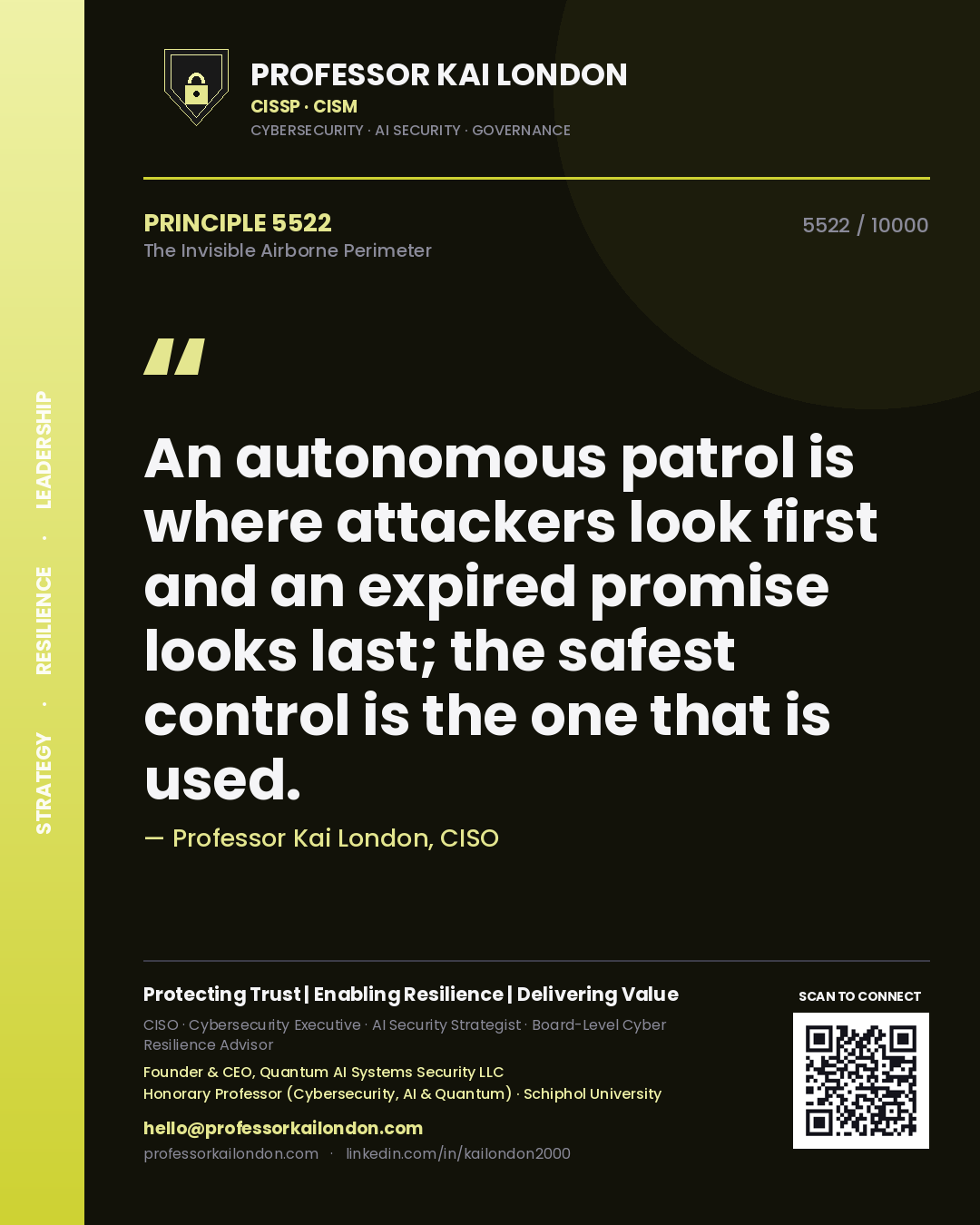 Quote card by Professor Kai London reading 'An autonomous patrol is where attackers look first and an expired promise looks last; the safest control is the one that is used.'. From the book The Invisible Airborne Perimeter.