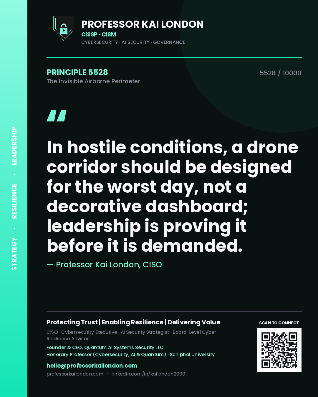 Quote card by Professor Kai London reading 'In hostile conditions, a drone corridor should be designed for the worst day, not a decorative dashboard; leadership is proving it before it is demanded.'. From the book The Invisible Airborne Perimeter.