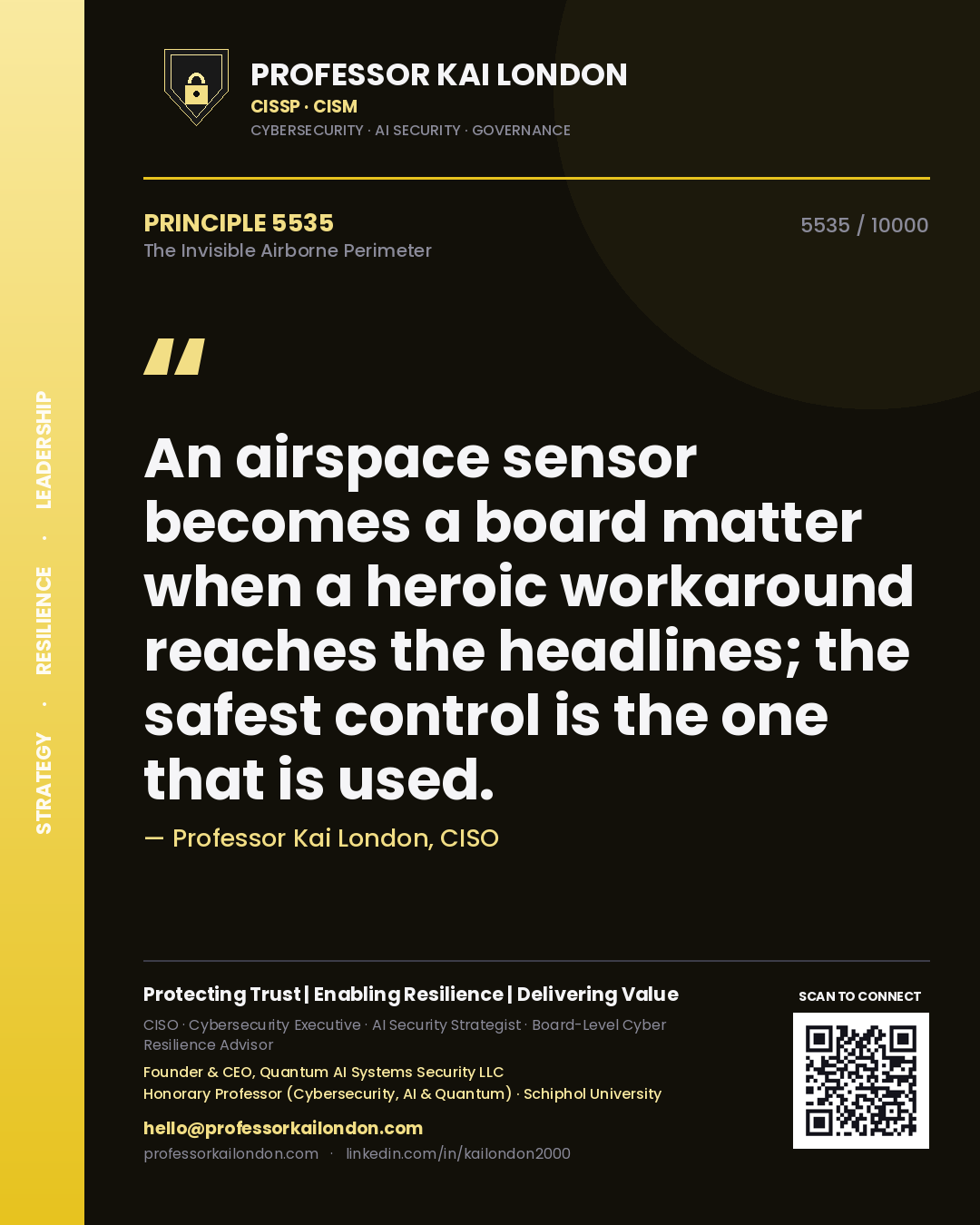 Professor Kai London principle 5535: An airspace sensor becomes a board matter when a heroic workaround reaches the headlines; the safest control is the one that is used.