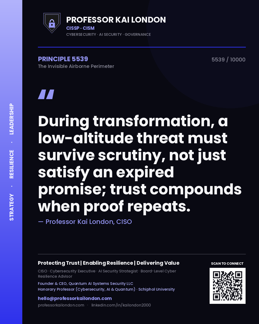 Professor Kai London principle 5539: During transformation, a low-altitude threat must survive scrutiny, not just satisfy an expired promise; trust compounds when proof repeats.