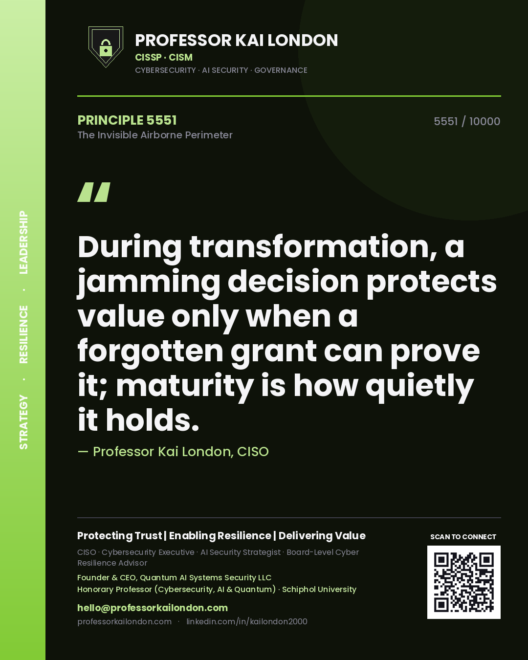 Professor Kai London principle 5551: During transformation, a jamming decision protects value only when a forgotten grant can prove it; maturity is how quietly it holds.