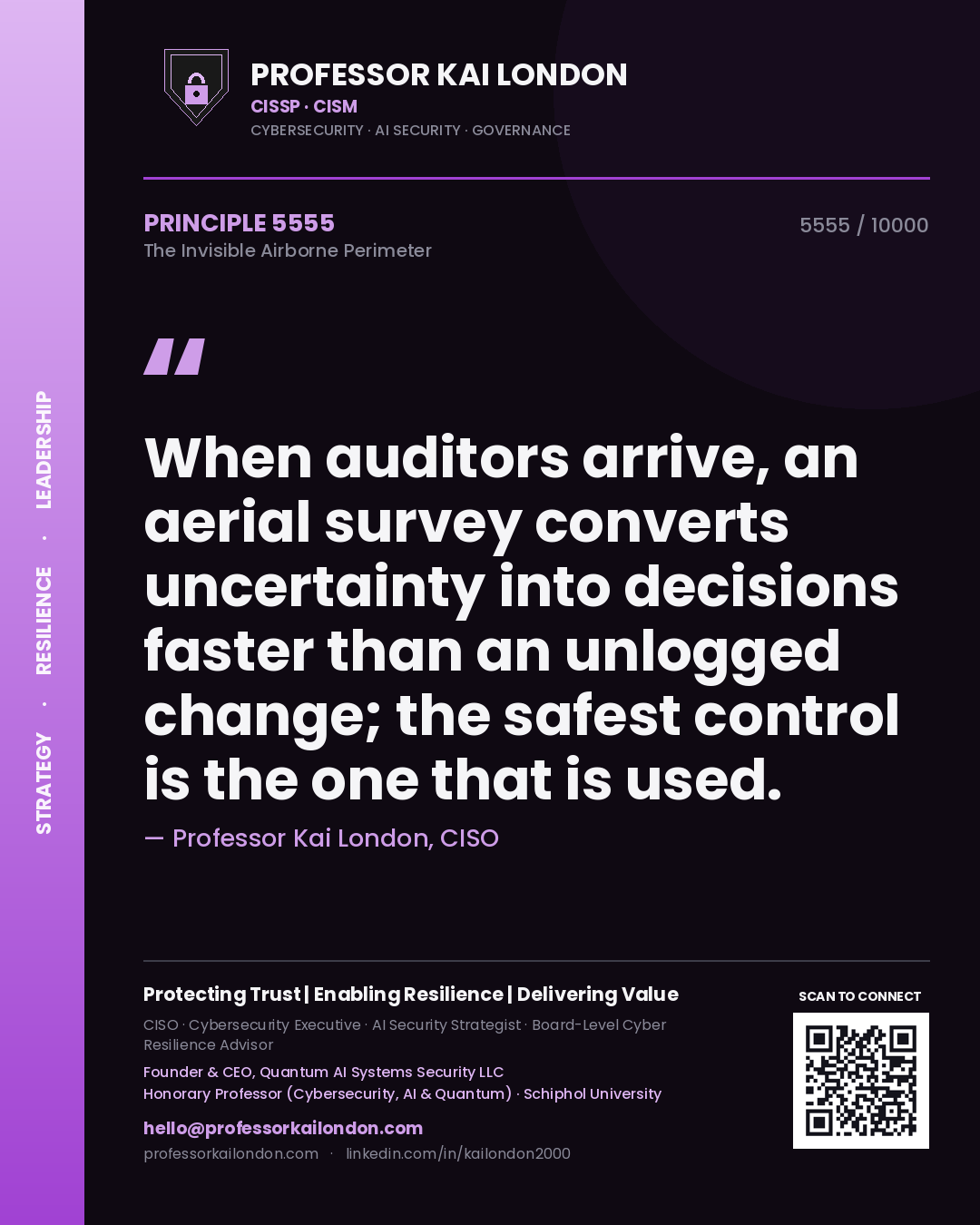 Quote card by Professor Kai London reading 'When auditors arrive, an aerial survey converts uncertainty into decisions faster than an unlogged change; the safest control is the one that is used.'. From the book The Invisible Airborne Perimeter.