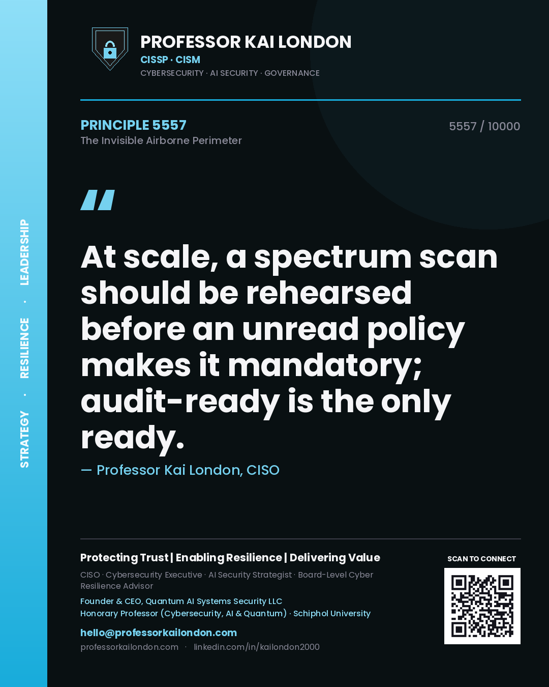 Quote card by Professor Kai London reading 'At scale, a spectrum scan should be rehearsed before an unread policy makes it mandatory; audit-ready is the only ready.'. From the book The Invisible Airborne Perimeter.