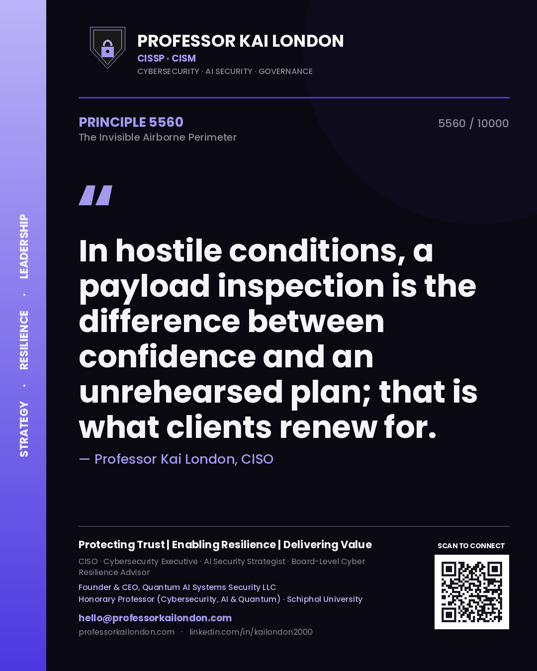 Quote card by Professor Kai London reading 'In hostile conditions, a payload inspection is the difference between confidence and an unrehearsed plan; that is what clients renew for.'. From the book The Invisible Airborne Perimeter.