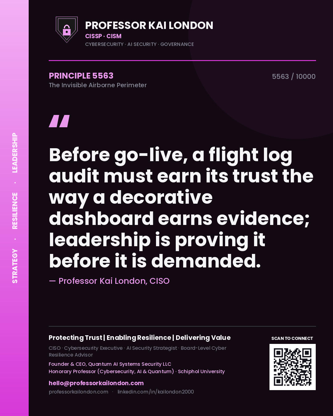Professor Kai London principle 5563: Before go-live, a flight log audit must earn its trust the way a decorative dashboard earns evidence; leadership is proving it before it is demanded.