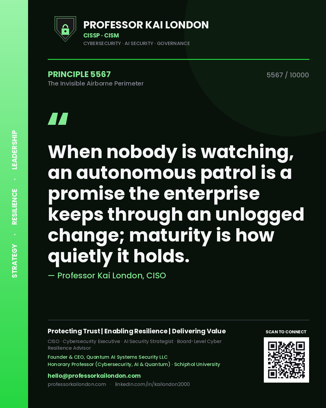 Quote card by Professor Kai London reading 'When nobody is watching, an autonomous patrol is a promise the enterprise keeps through an unlogged change; maturity is how quietly it holds.'. From the book The Invisible Airborne Perimeter.