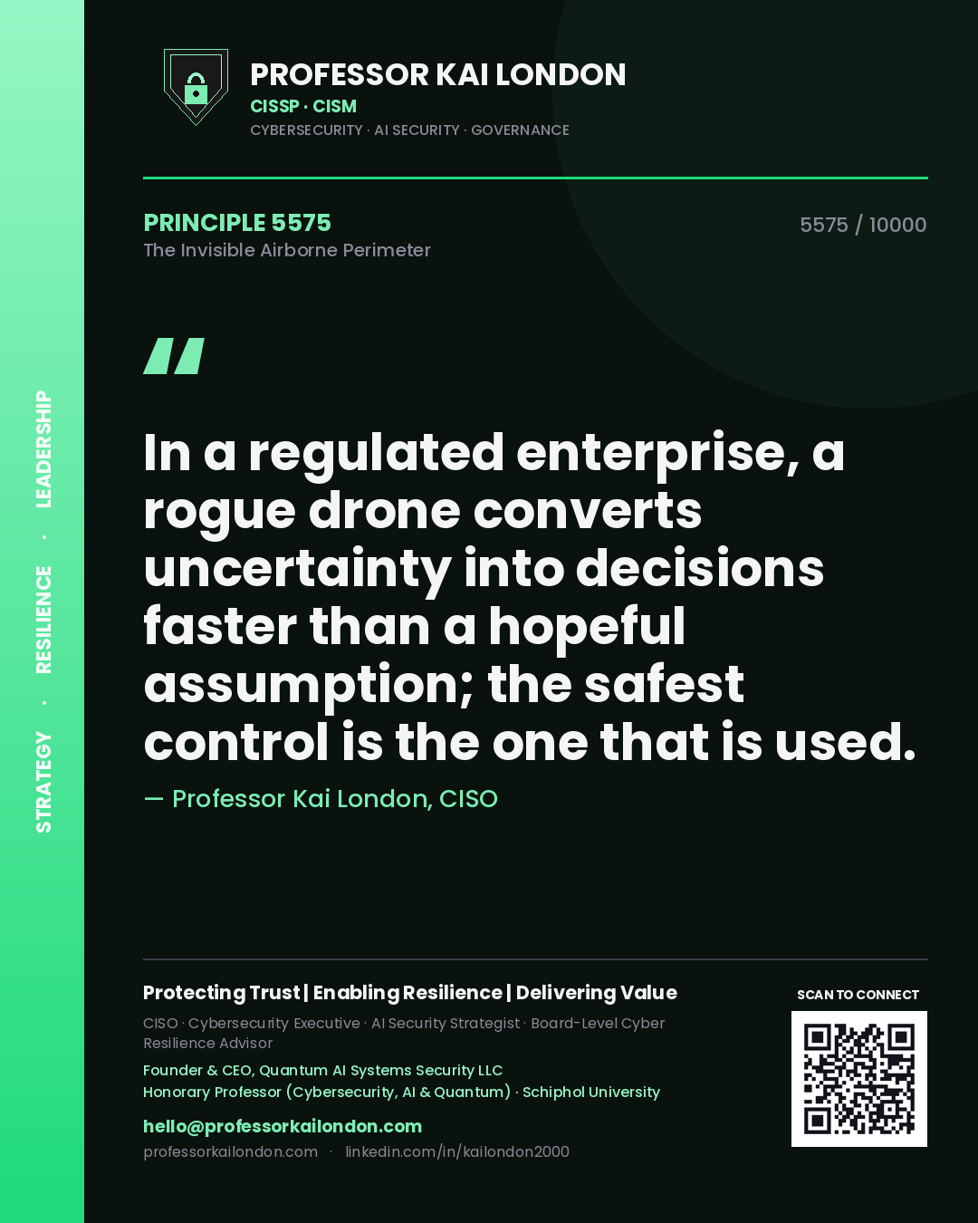 Quote card by Professor Kai London reading 'In a regulated enterprise, a rogue drone converts uncertainty into decisions faster than a hopeful assumption; the safest control is the one that is used.'. From the book The Invisible Airborne Perimeter.