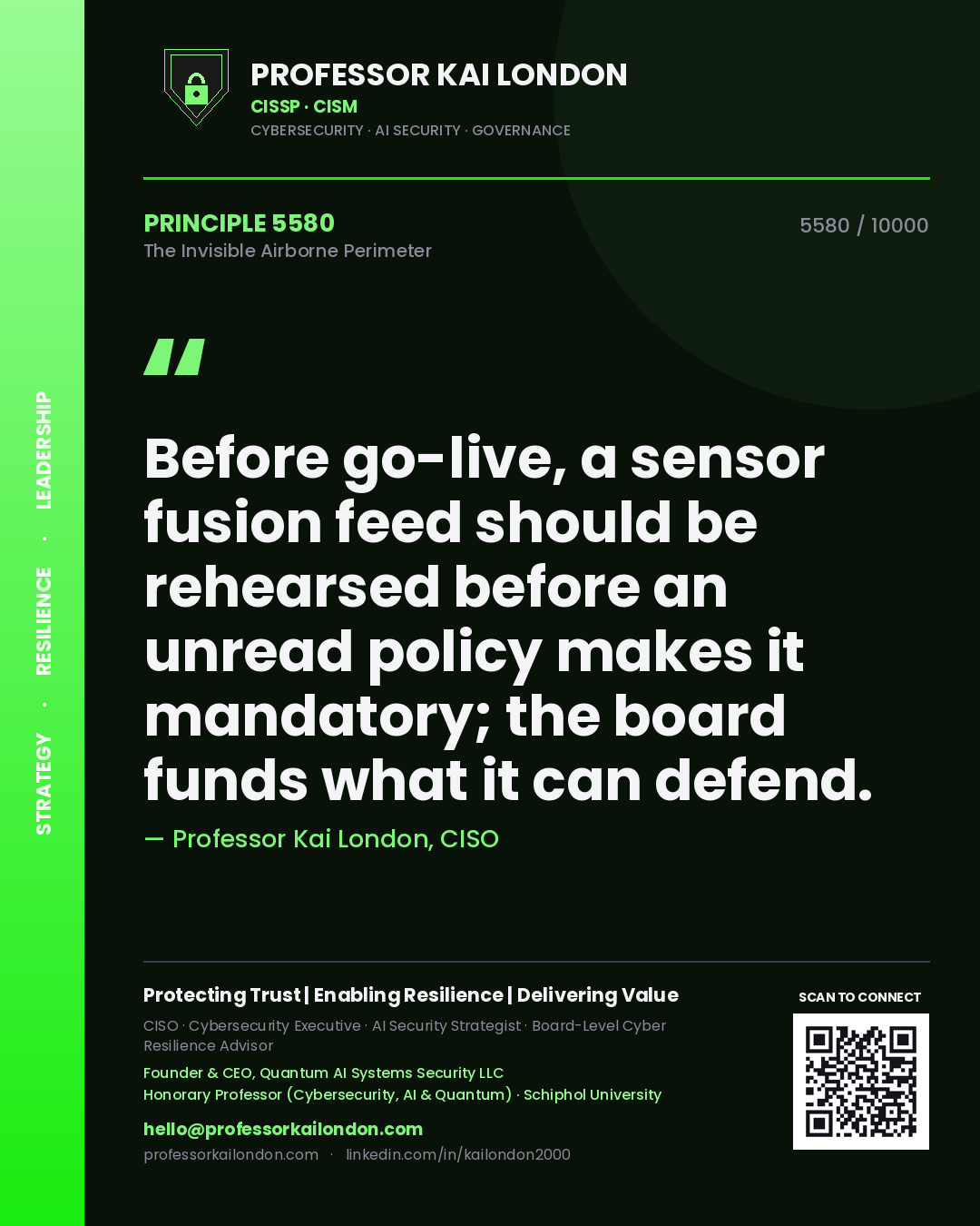 Quote card by Professor Kai London reading 'Before go-live, a sensor fusion feed should be rehearsed before an unread policy makes it mandatory; the board funds what it can defend.'. From the book The Invisible Airborne Perimeter.