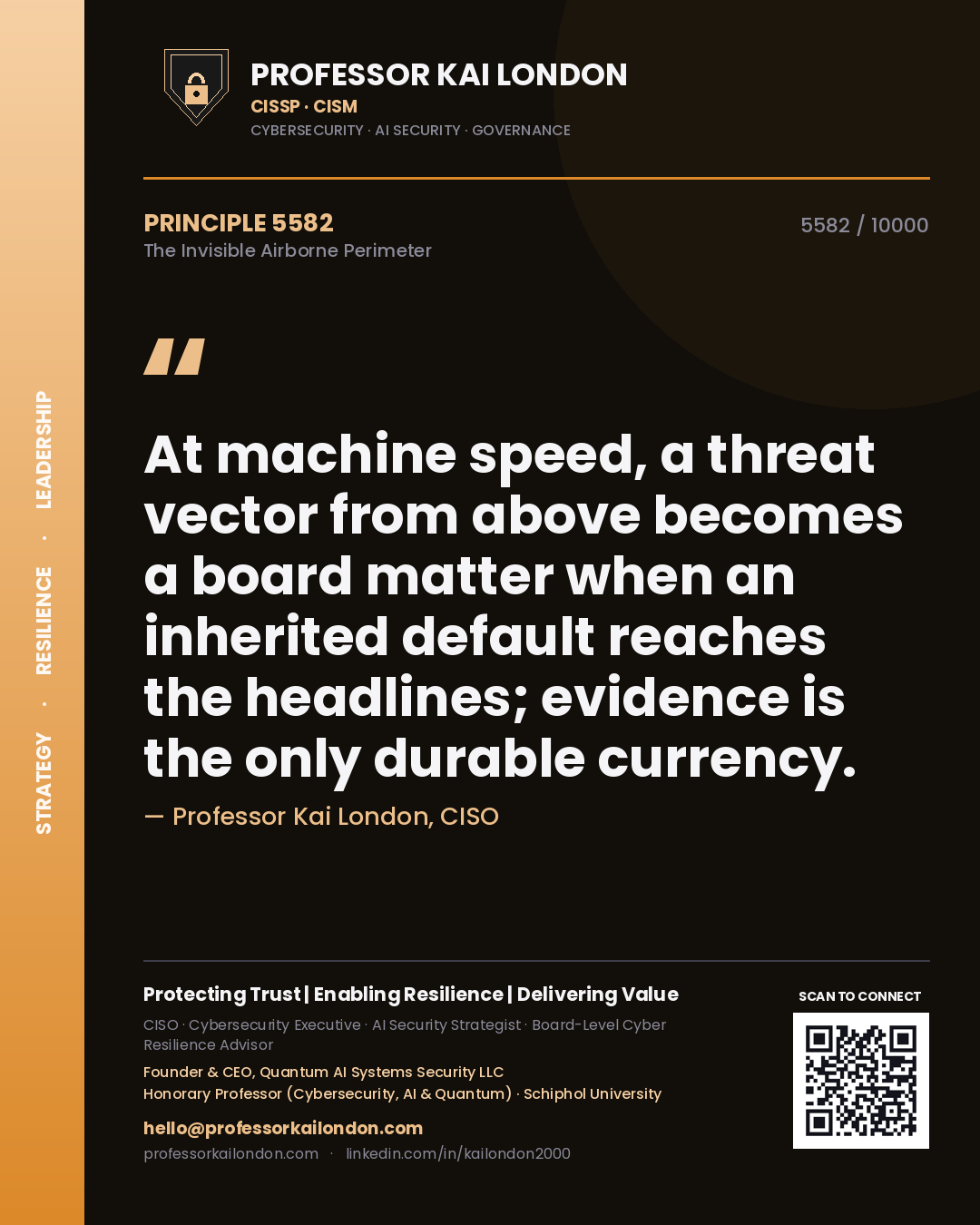 Professor Kai London principle 5582: At machine speed, a threat vector from above becomes a board matter when an inherited default reaches the headlines; evidence is the only durable currency.