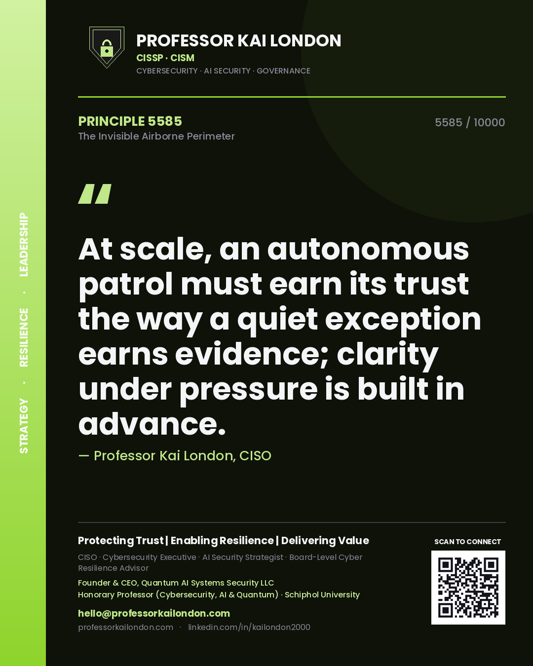 Quote card by Professor Kai London reading 'At scale, an autonomous patrol must earn its trust the way a quiet exception earns evidence; clarity under pressure is built in advance.'. From the book The Invisible Airborne Perimeter.