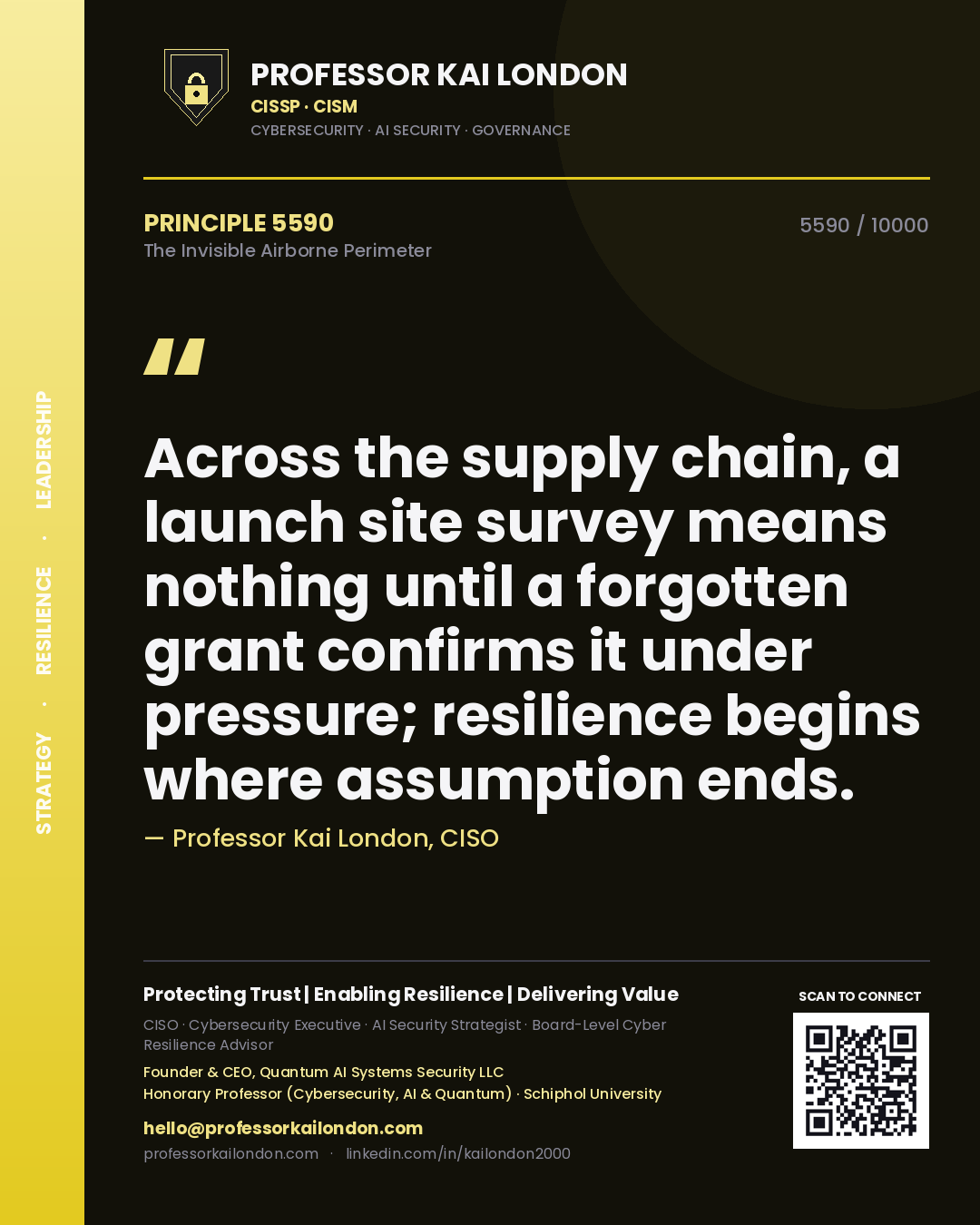 Professor Kai London principle 5590: Across the supply chain, a launch site survey means nothing until a forgotten grant confirms it under pressure; resilience begins where assumption ends.