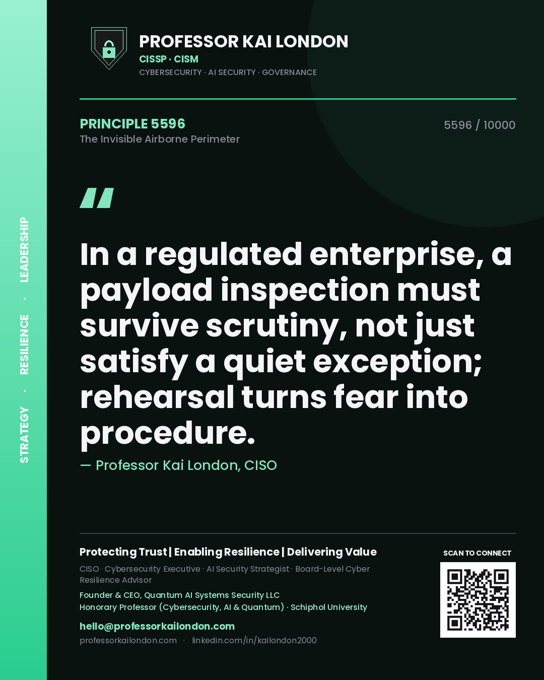 Quote card by Professor Kai London reading 'In a regulated enterprise, a payload inspection must survive scrutiny, not just satisfy a quiet exception; rehearsal turns fear into procedure.'. From the book The Invisible Airborne Perimeter.