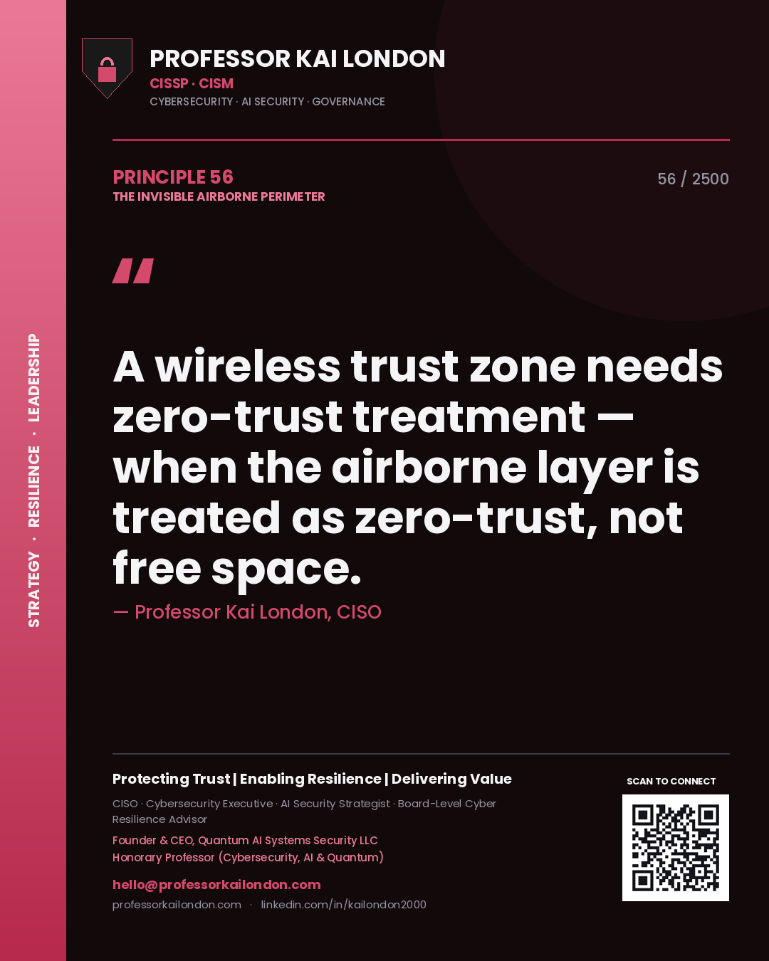 Professor Kai London principle 56: A wireless trust zone needs zero-trust treatment — when the airborne layer is treated as zero-trust, not free space.