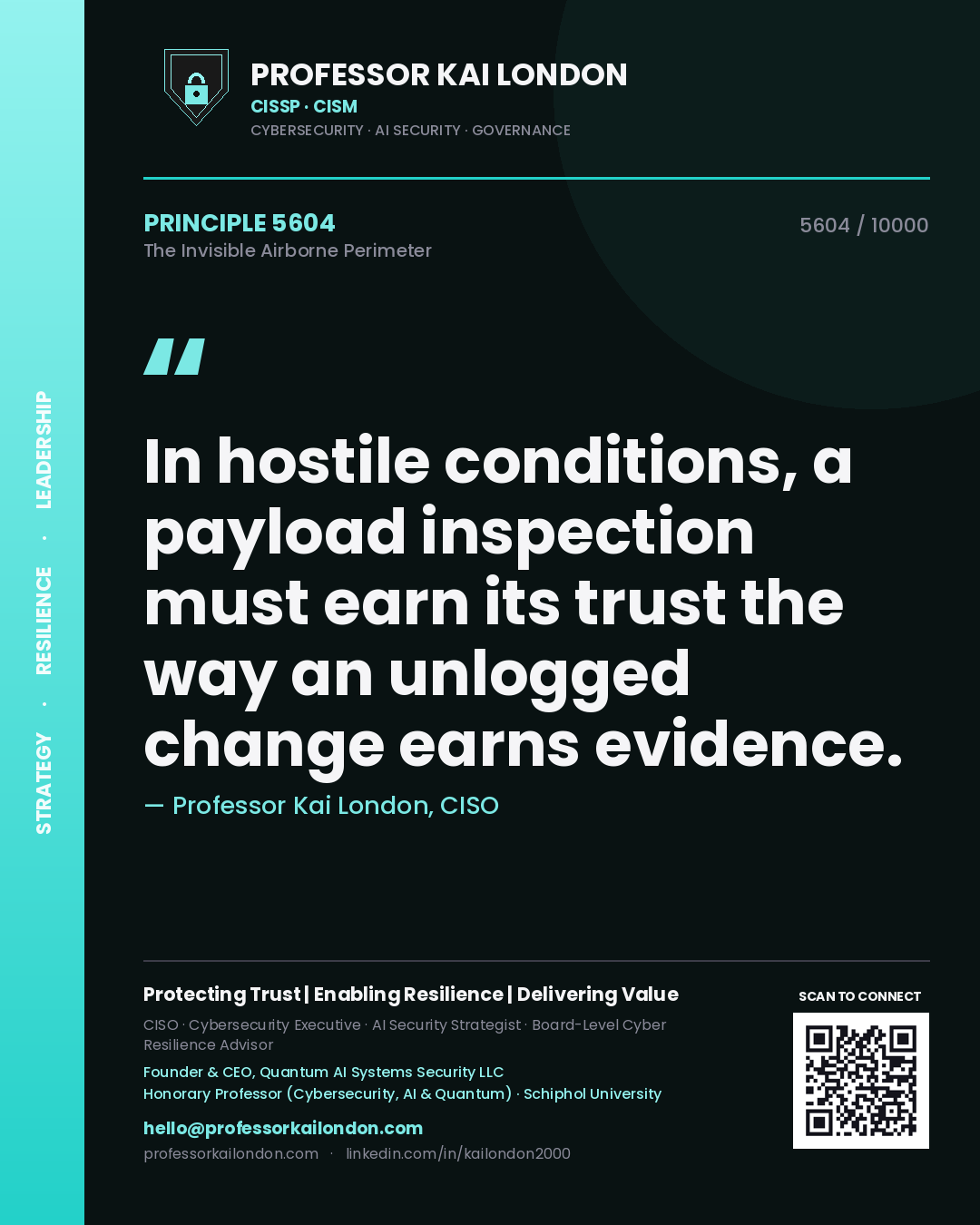Professor Kai London principle 5604: In hostile conditions, a payload inspection must earn its trust the way an unlogged change earns evidence.