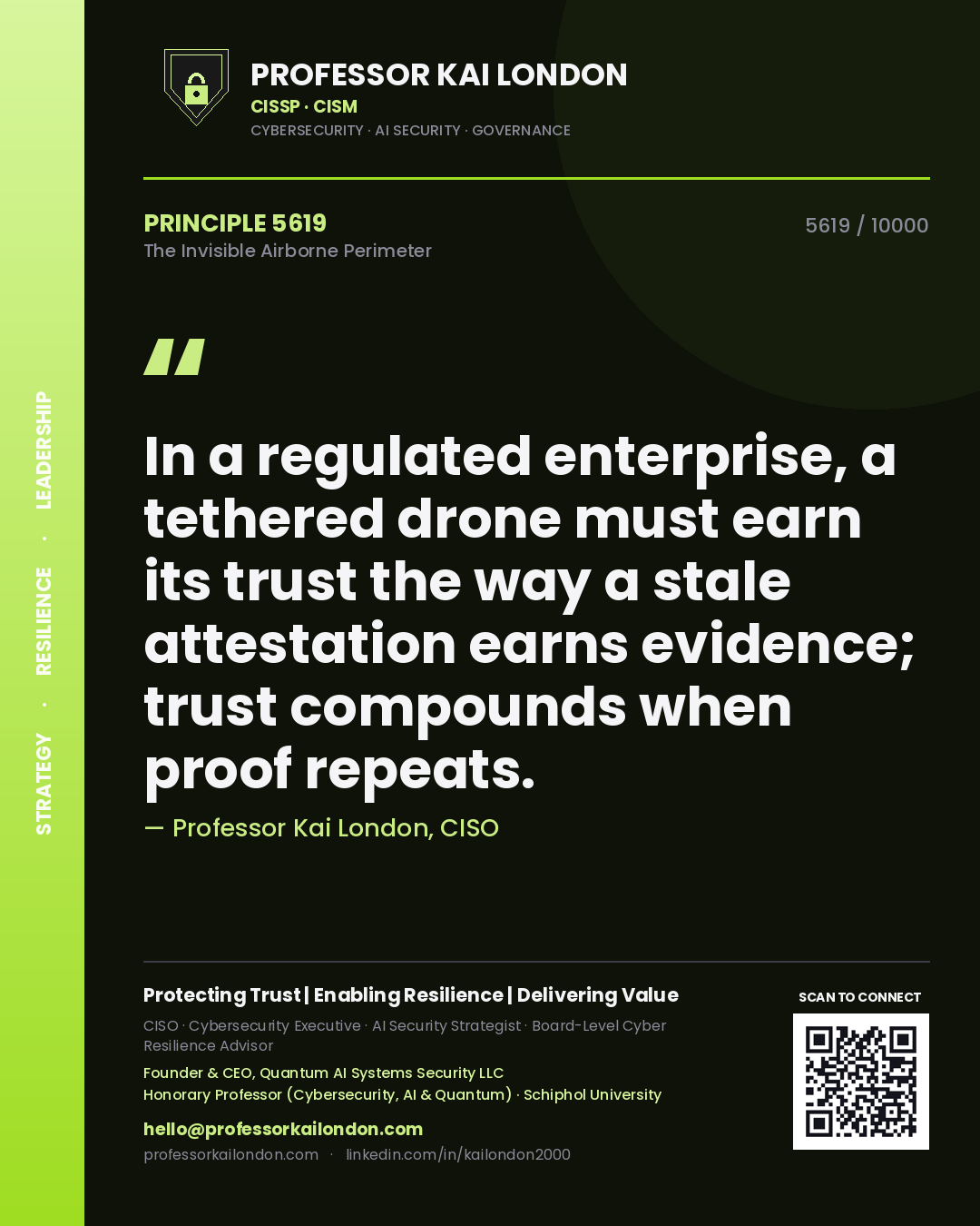 Quote card by Professor Kai London reading 'In a regulated enterprise, a tethered drone must earn its trust the way a stale attestation earns evidence; trust compounds when proof repeats.'. From the book The Invisible Airborne Perimeter.