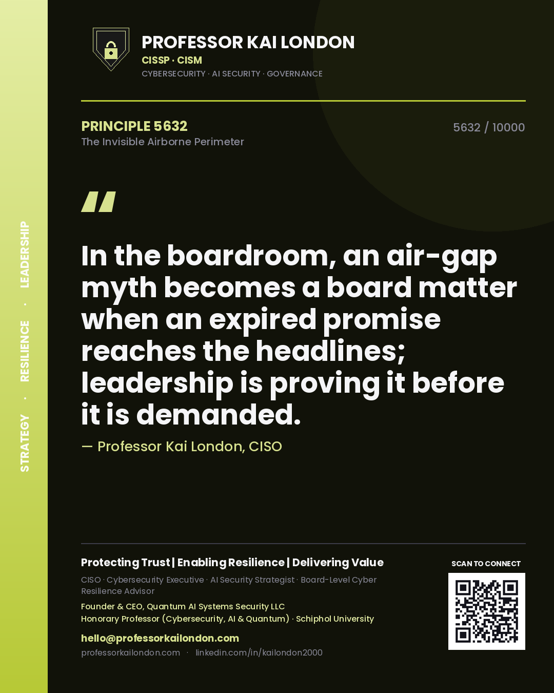 Quote card by Professor Kai London reading 'In the boardroom, an air-gap myth becomes a board matter when an expired promise reaches the headlines; leadership is proving it before it is demanded.'. From the book The Invisible Airborne Perimeter.