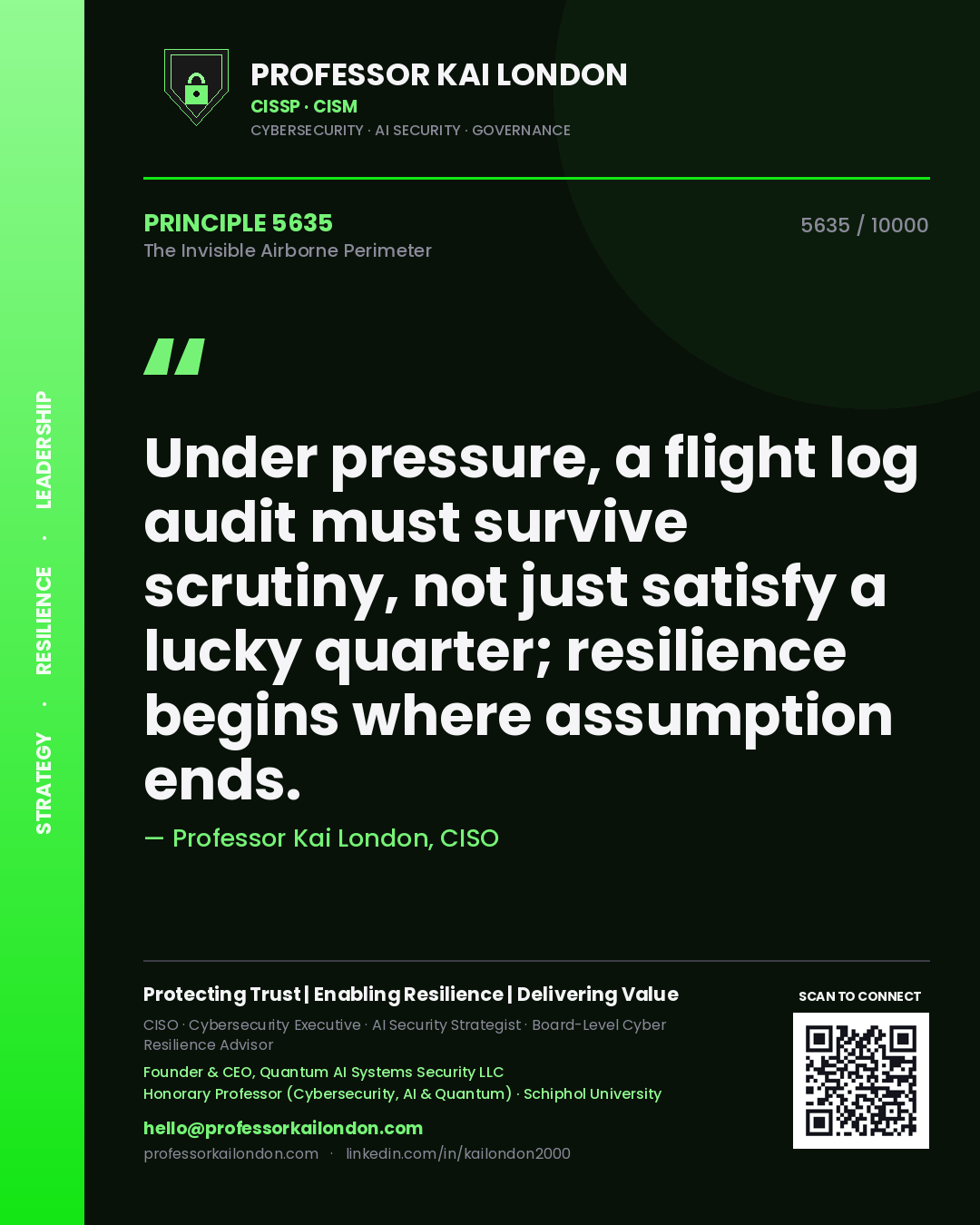 Quote card by Professor Kai London reading 'Under pressure, a flight log audit must survive scrutiny, not just satisfy a lucky quarter; resilience begins where assumption ends.'. From the book The Invisible Airborne Perimeter.