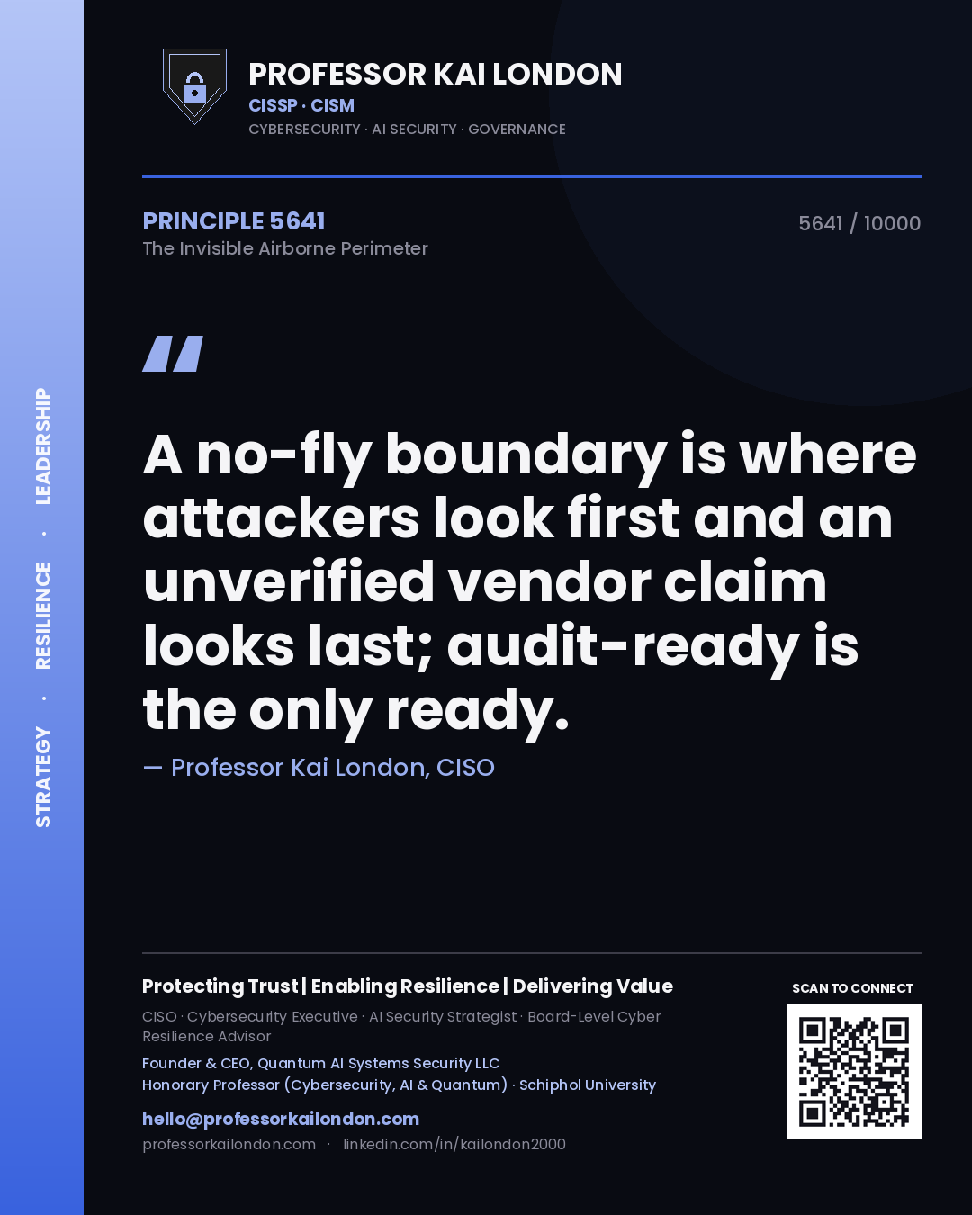 Professor Kai London principle 5641: A no-fly boundary is where attackers look first and an unverified vendor claim looks last; audit-ready is the only ready.