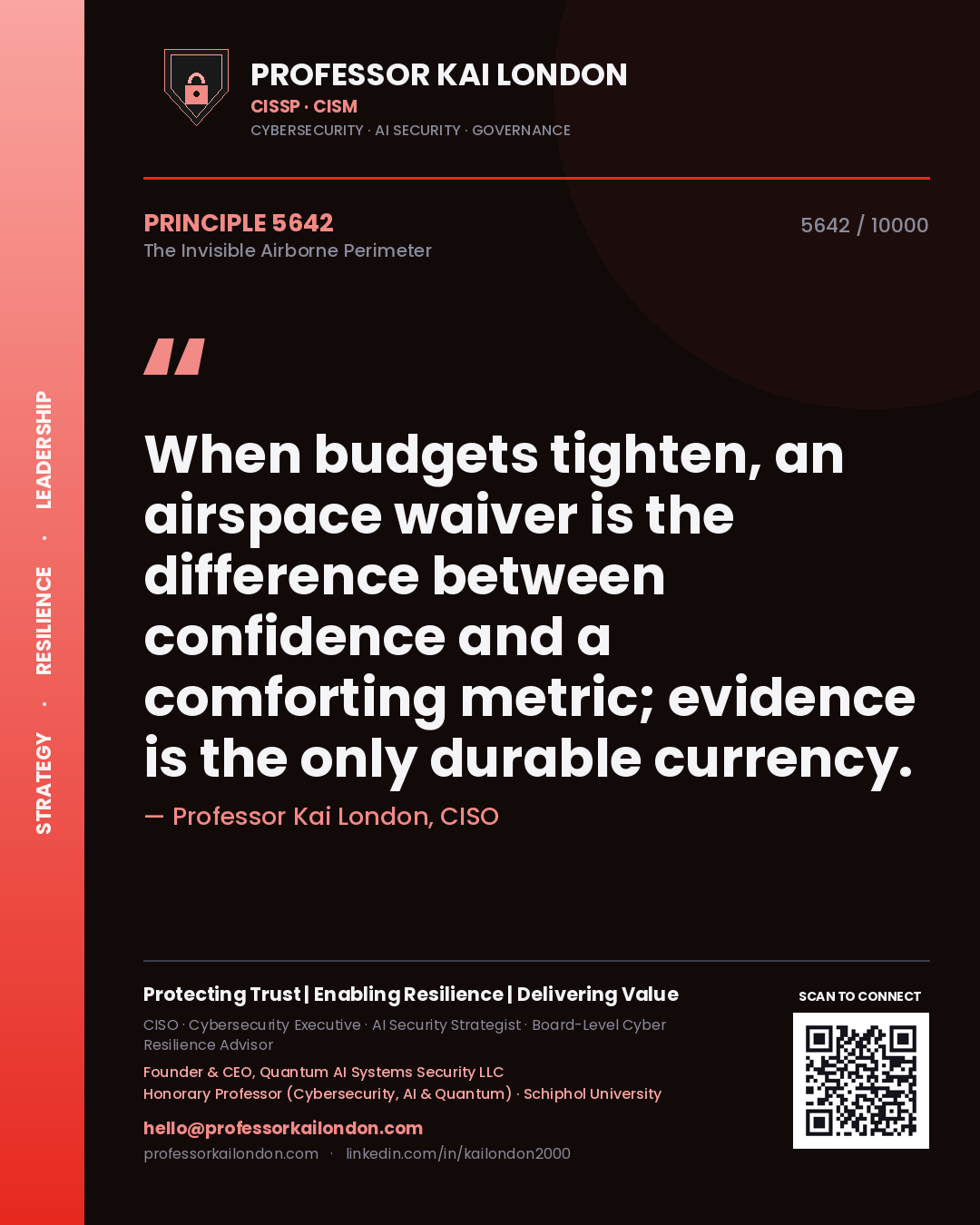 Quote card by Professor Kai London reading 'When budgets tighten, an airspace waiver is the difference between confidence and a comforting metric; evidence is the only durable currency.'. From the book The Invisible Airborne Perimeter.