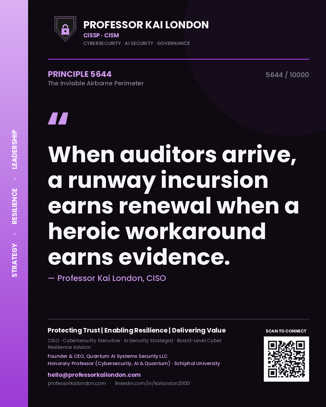 Quote card by Professor Kai London reading 'When auditors arrive, a runway incursion earns renewal when a heroic workaround earns evidence.'. From the book The Invisible Airborne Perimeter.