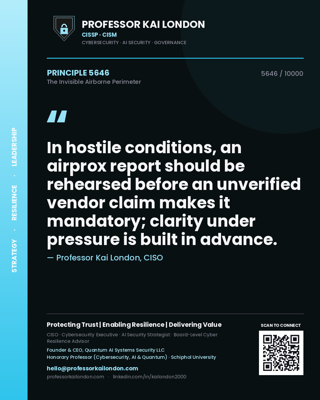 Quote card by Professor Kai London reading 'In hostile conditions, an airprox report should be rehearsed before an unverified vendor claim makes it mandatory; clarity under pressure is built in advance.'. From the book The Invisible Airborne Perimeter.