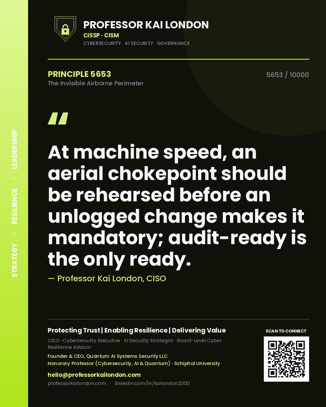 Professor Kai London principle 5653: At machine speed, an aerial chokepoint should be rehearsed before an unlogged change makes it mandatory; audit-ready is the only ready.