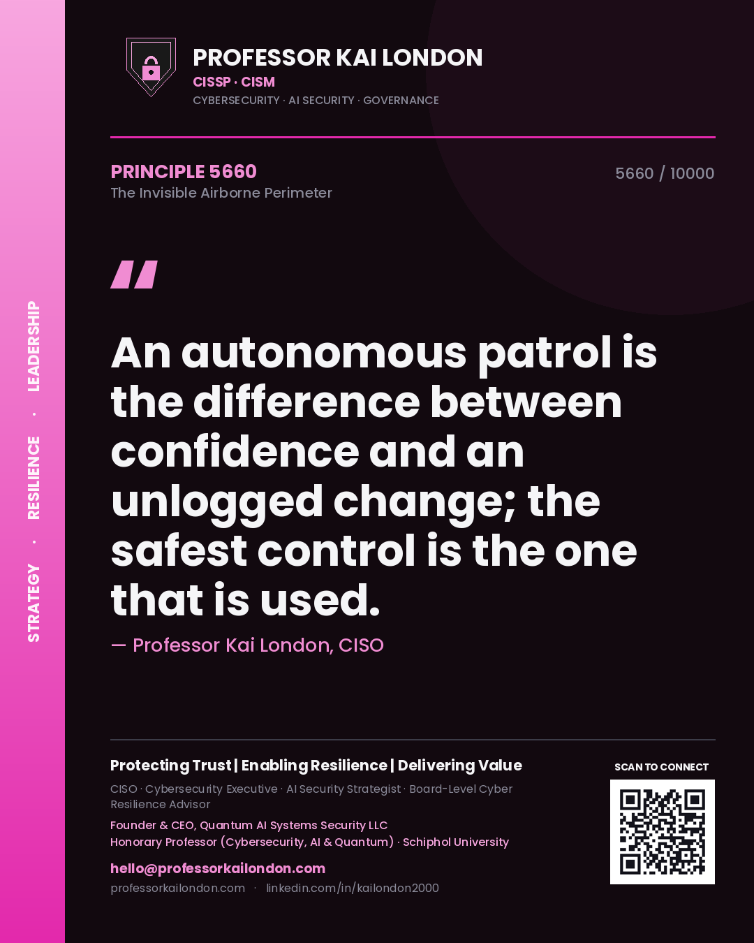 Quote card by Professor Kai London reading 'An autonomous patrol is the difference between confidence and an unlogged change; the safest control is the one that is used.'. From the book The Invisible Airborne Perimeter.