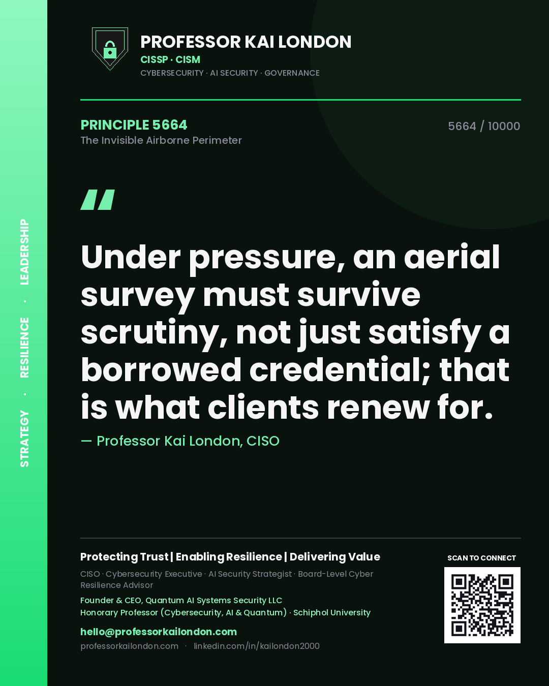 Quote card by Professor Kai London reading 'Under pressure, an aerial survey must survive scrutiny, not just satisfy a borrowed credential; that is what clients renew for.'. From the book The Invisible Airborne Perimeter.