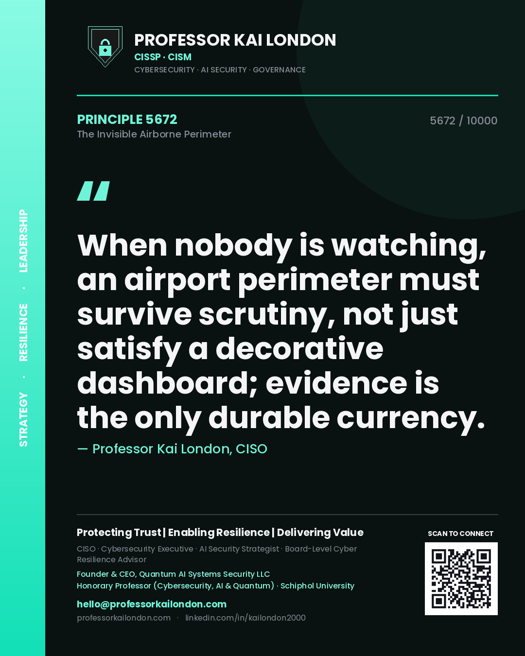 Professor Kai London principle 5672: When nobody is watching, an airport perimeter must survive scrutiny, not just satisfy a decorative dashboard; evidence is the only durable currency.