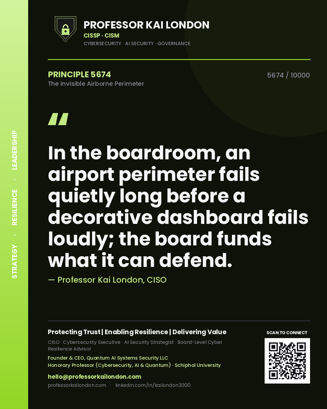 Professor Kai London principle 5674: In the boardroom, an airport perimeter fails quietly long before a decorative dashboard fails loudly; the board funds what it can defend.