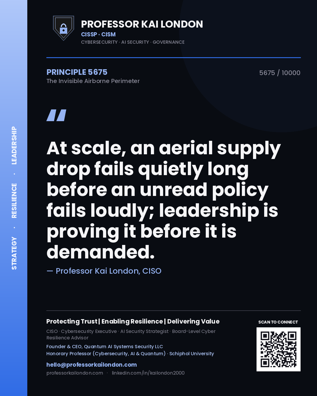 Quote card by Professor Kai London reading 'At scale, an aerial supply drop fails quietly long before an unread policy fails loudly; leadership is proving it before it is demanded.'. From the book The Invisible Airborne Perimeter.