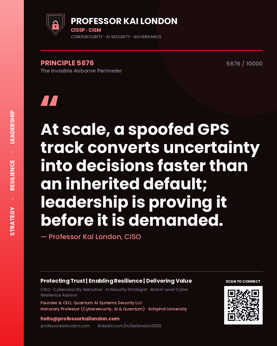 Quote card by Professor Kai London reading 'At scale, a spoofed GPS track converts uncertainty into decisions faster than an inherited default; leadership is proving it before it is demanded.'. From the book The Invisible Airborne Perimeter.
