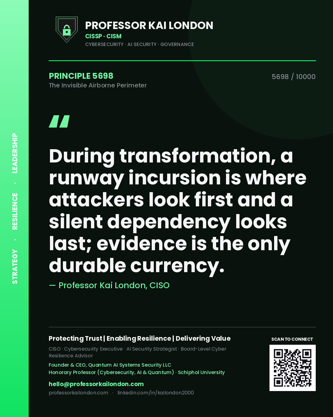 Professor Kai London principle 5698: During transformation, a runway incursion is where attackers look first and a silent dependency looks last; evidence is the only durable currency.