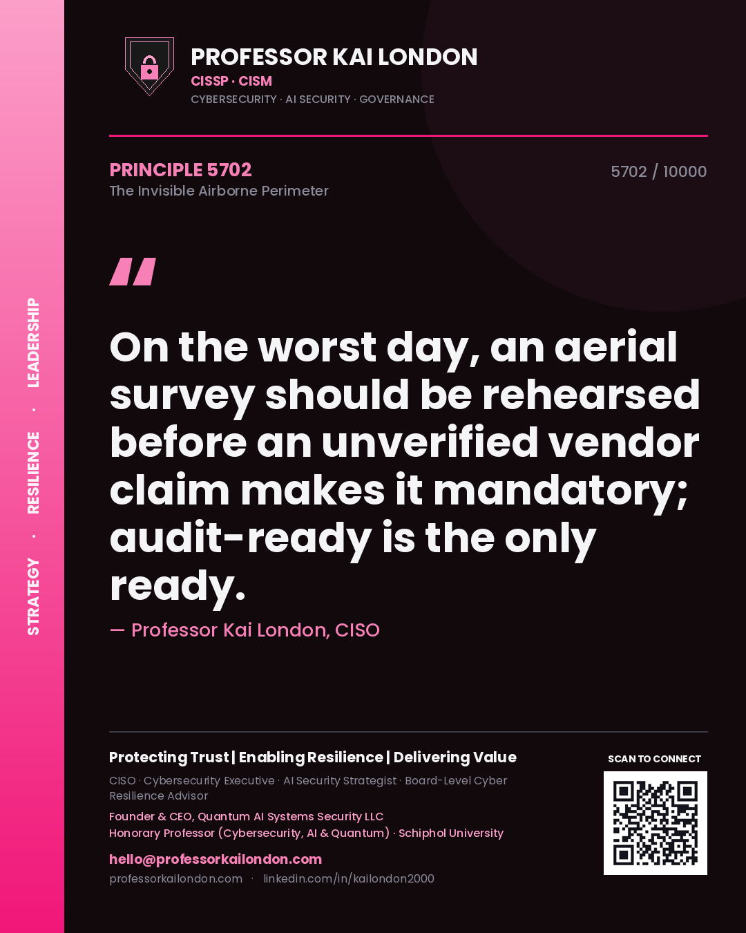 Professor Kai London principle 5702: On the worst day, an aerial survey should be rehearsed before an unverified vendor claim makes it mandatory; audit-ready is the only ready.