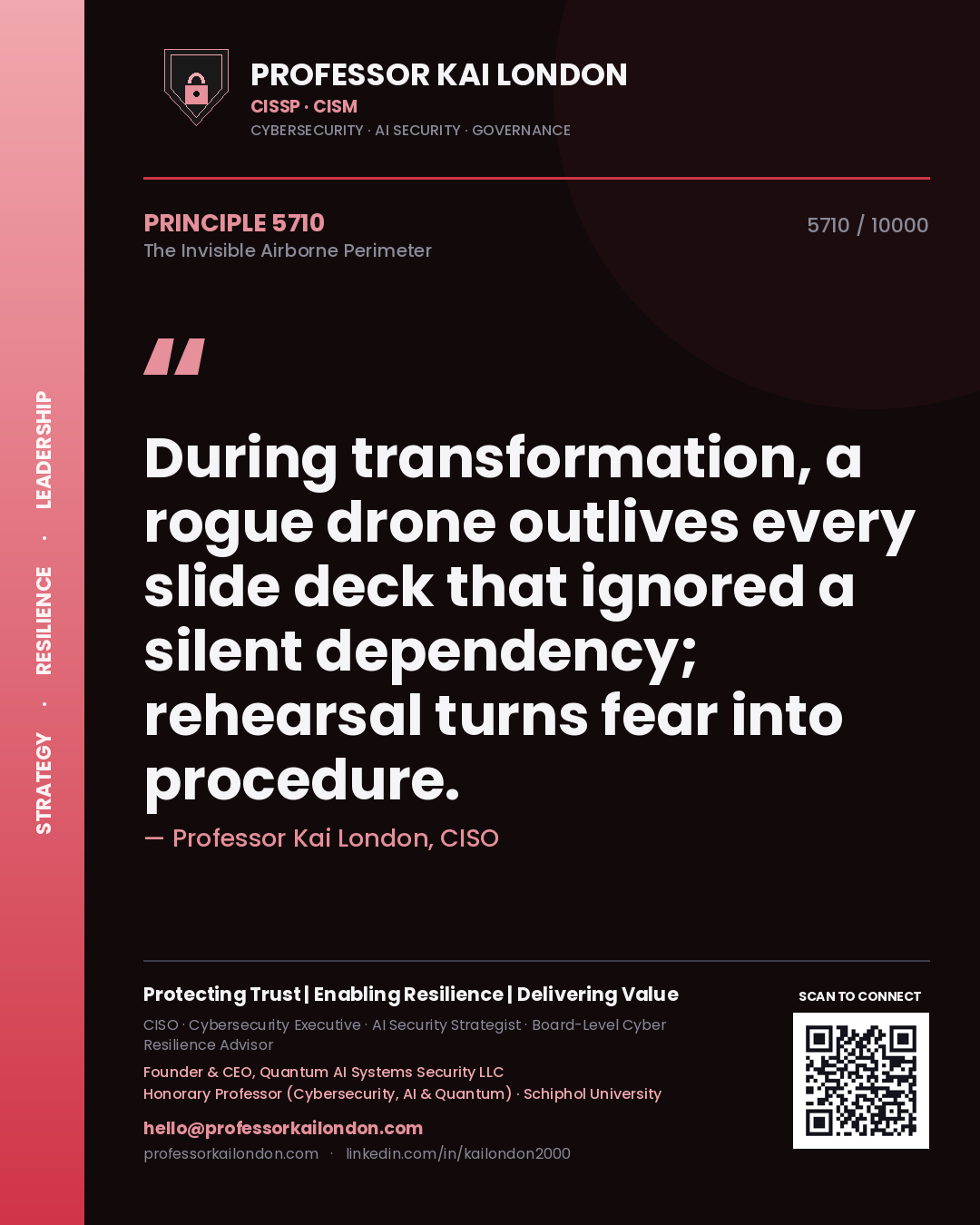 Professor Kai London principle 5710: During transformation, a rogue drone outlives every slide deck that ignored a silent dependency; rehearsal turns fear into procedure.