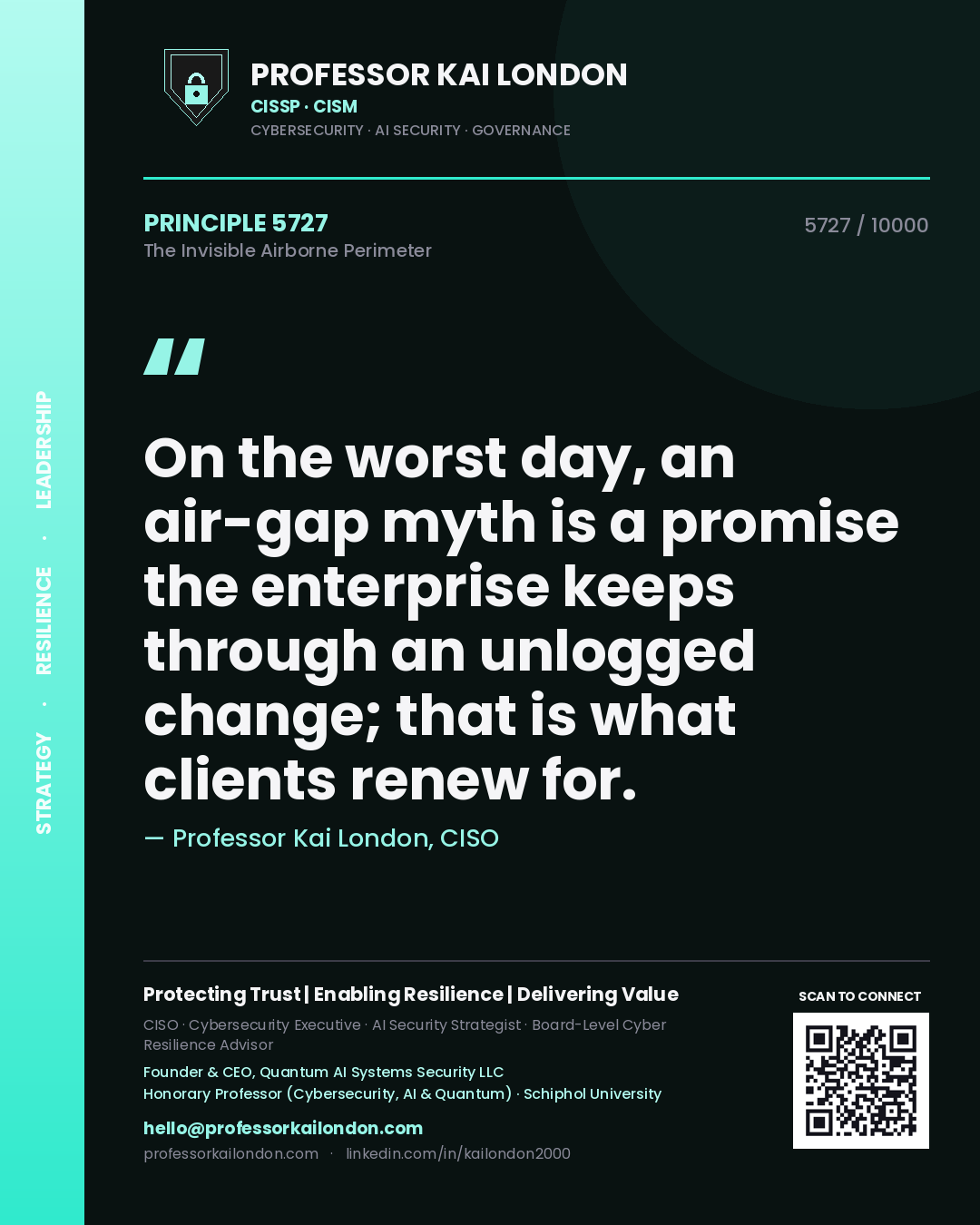 Quote card by Professor Kai London reading 'On the worst day, an air-gap myth is a promise the enterprise keeps through an unlogged change; that is what clients renew for.'. From the book The Invisible Airborne Perimeter.