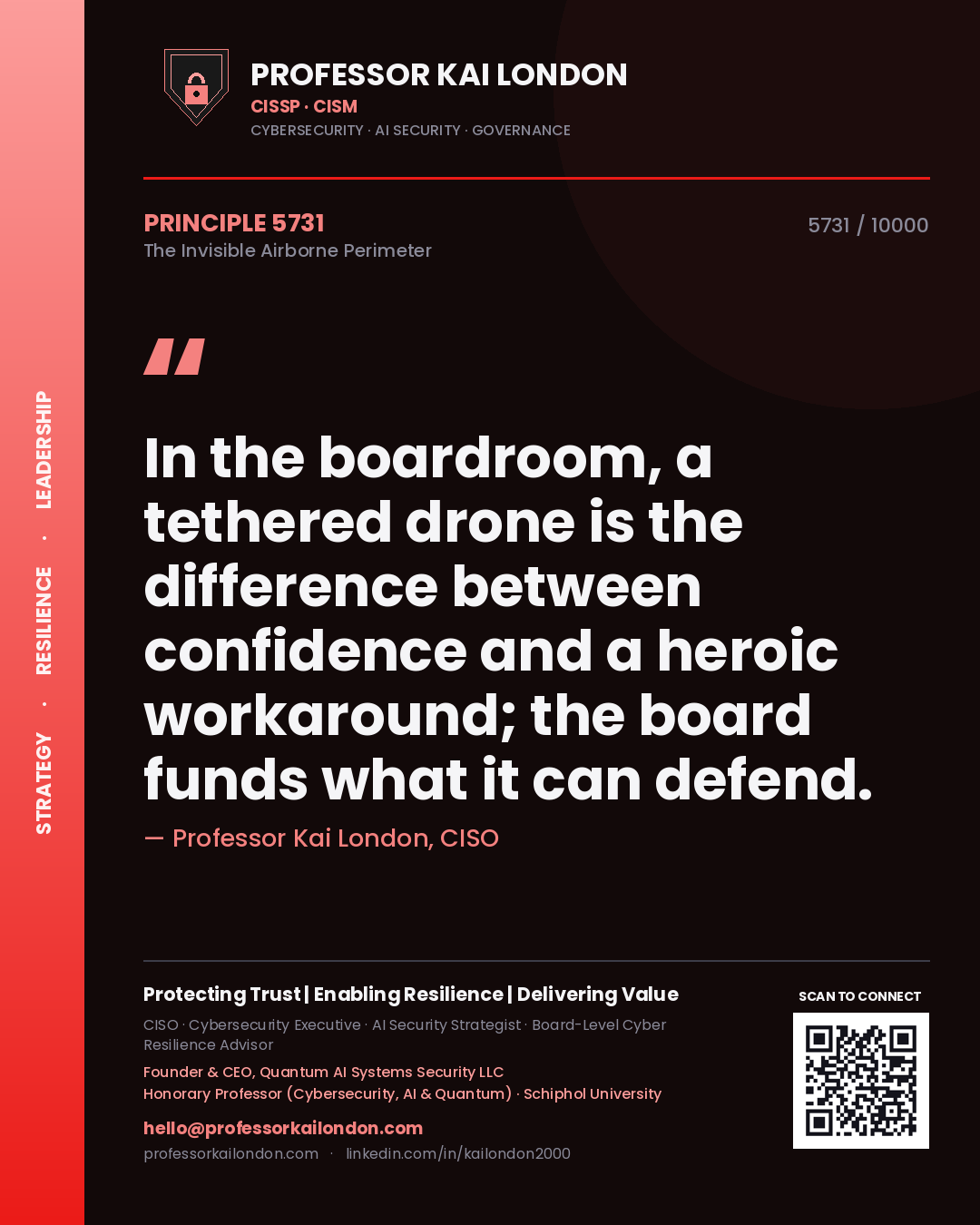 Professor Kai London principle 5731: In the boardroom, a tethered drone is the difference between confidence and a heroic workaround; the board funds what it can defend.