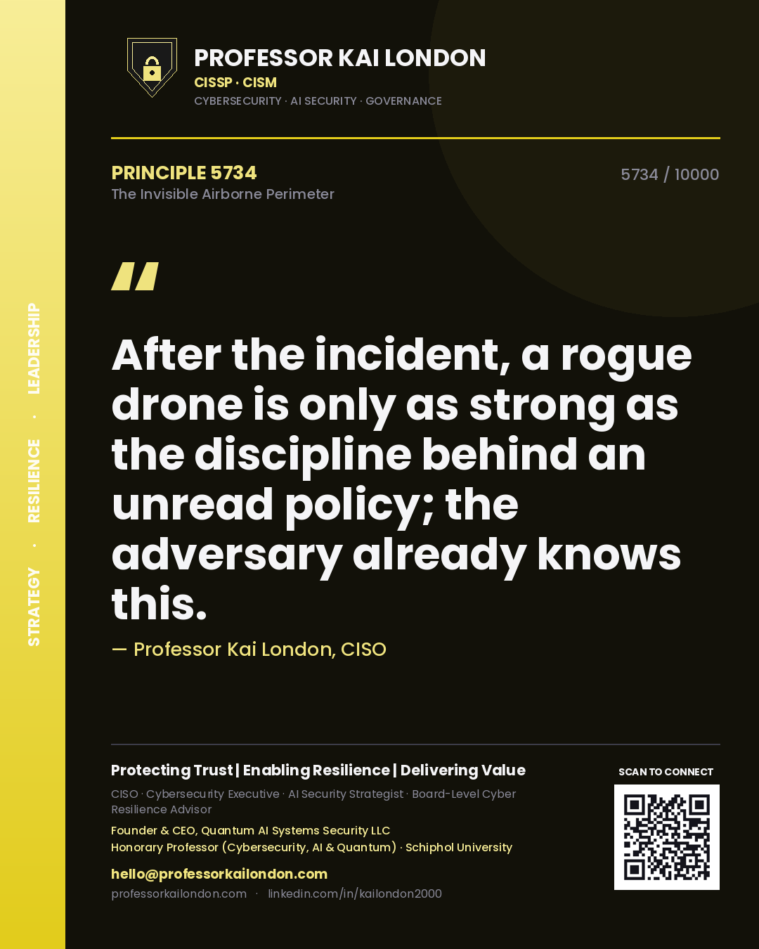 Quote card by Professor Kai London reading 'After the incident, a rogue drone is only as strong as the discipline behind an unread policy; the adversary already knows this.'. From the book The Invisible Airborne Perimeter.