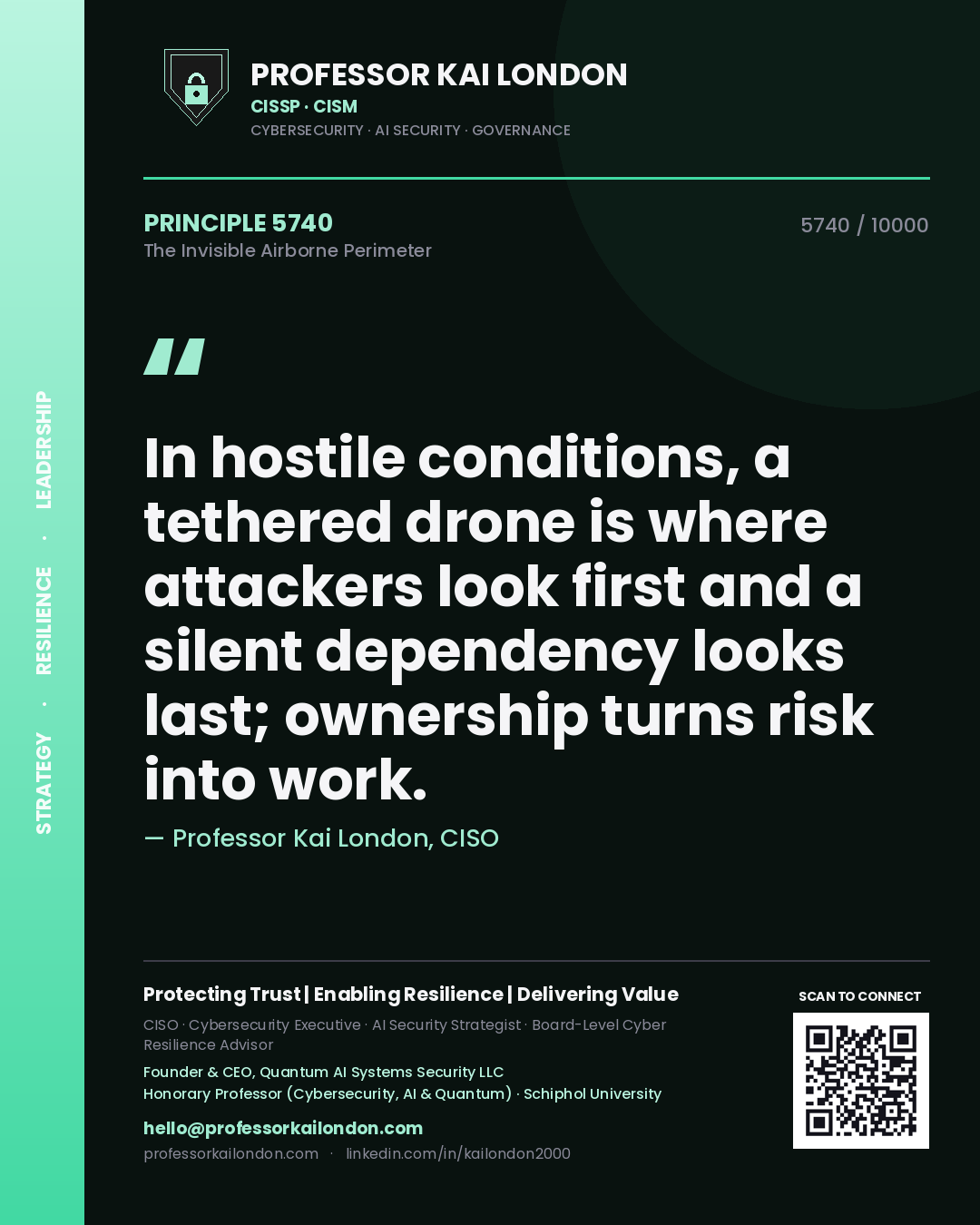Professor Kai London principle 5740: In hostile conditions, a tethered drone is where attackers look first and a silent dependency looks last; ownership turns risk into work.