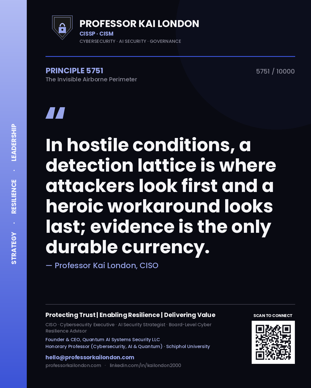 Quote card by Professor Kai London reading 'In hostile conditions, a detection lattice is where attackers look first and a heroic workaround looks last; evidence is the only durable currency.'. From the book The Invisible Airborne Perimeter.