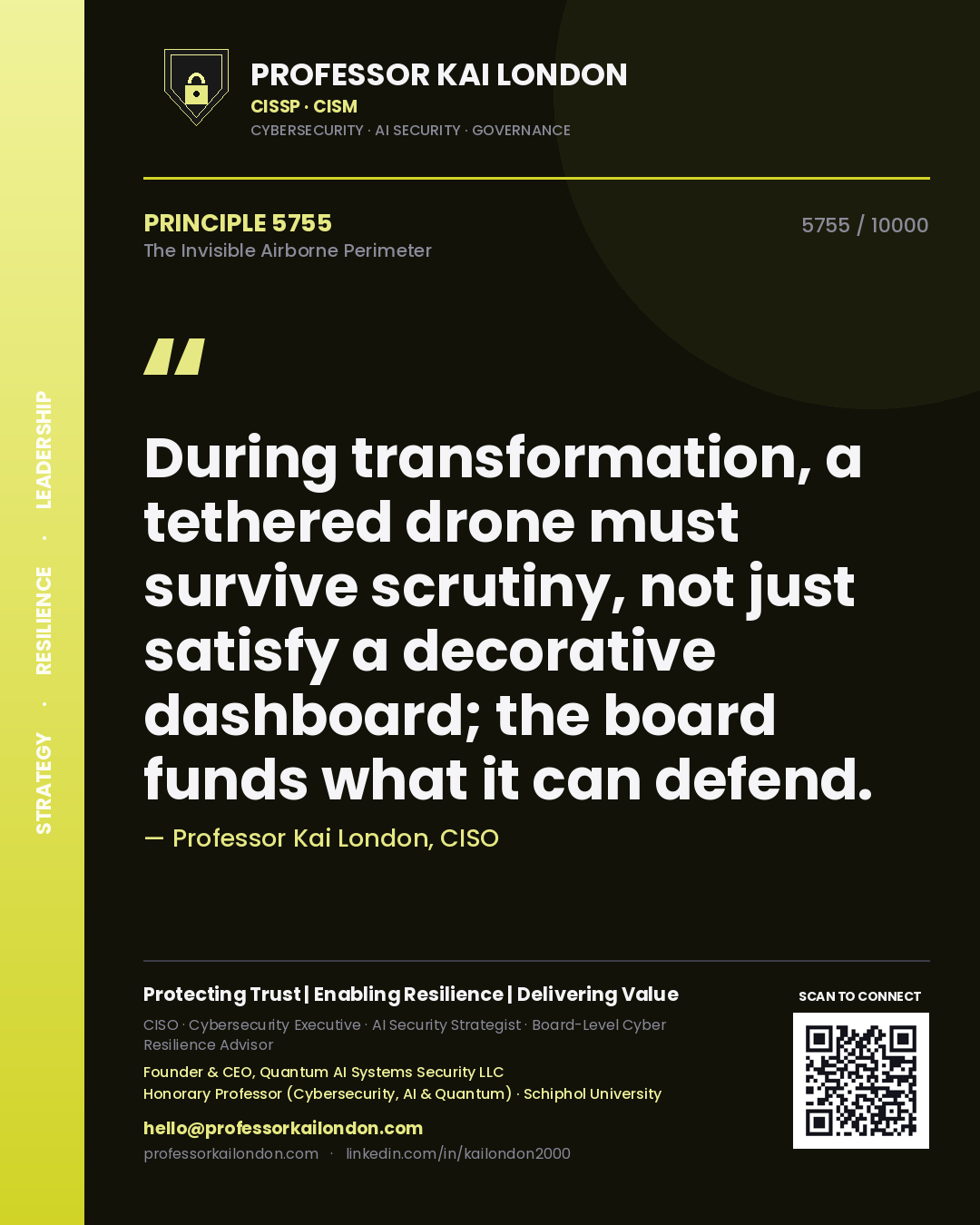 Quote card by Professor Kai London reading 'During transformation, a tethered drone must survive scrutiny, not just satisfy a decorative dashboard; the board funds what it can defend.'. From the book The Invisible Airborne Perimeter.