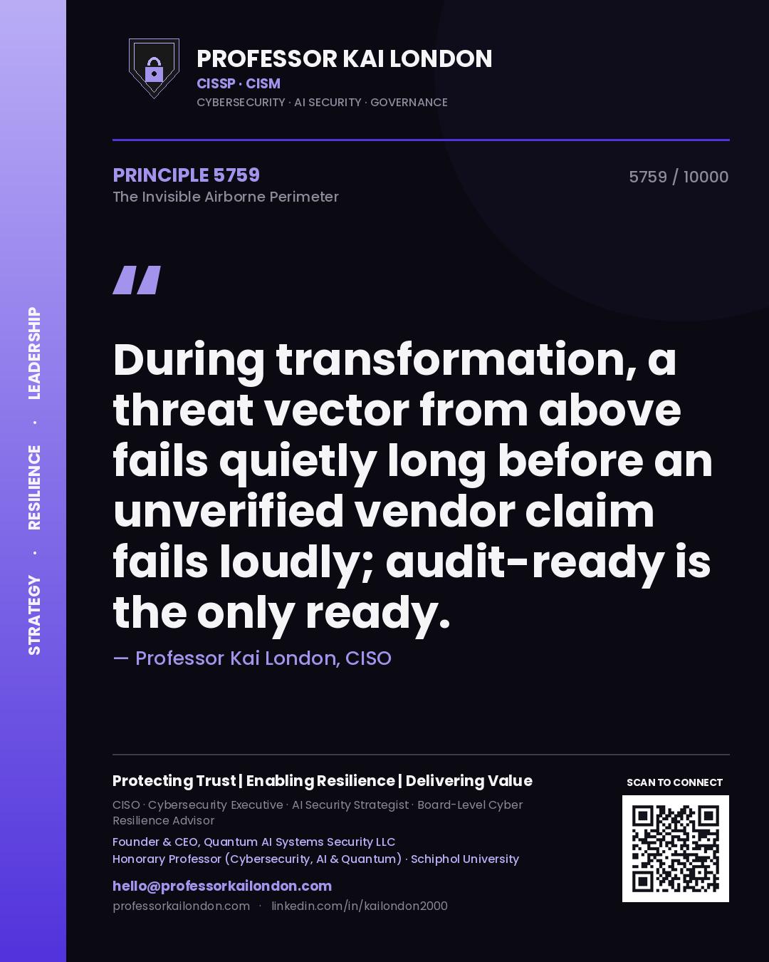 Quote card by Professor Kai London reading 'During transformation, a threat vector from above fails quietly long before an unverified vendor claim fails loudly; audit-ready is the only ready.'. From the book The Invisible Airborne Perimeter.