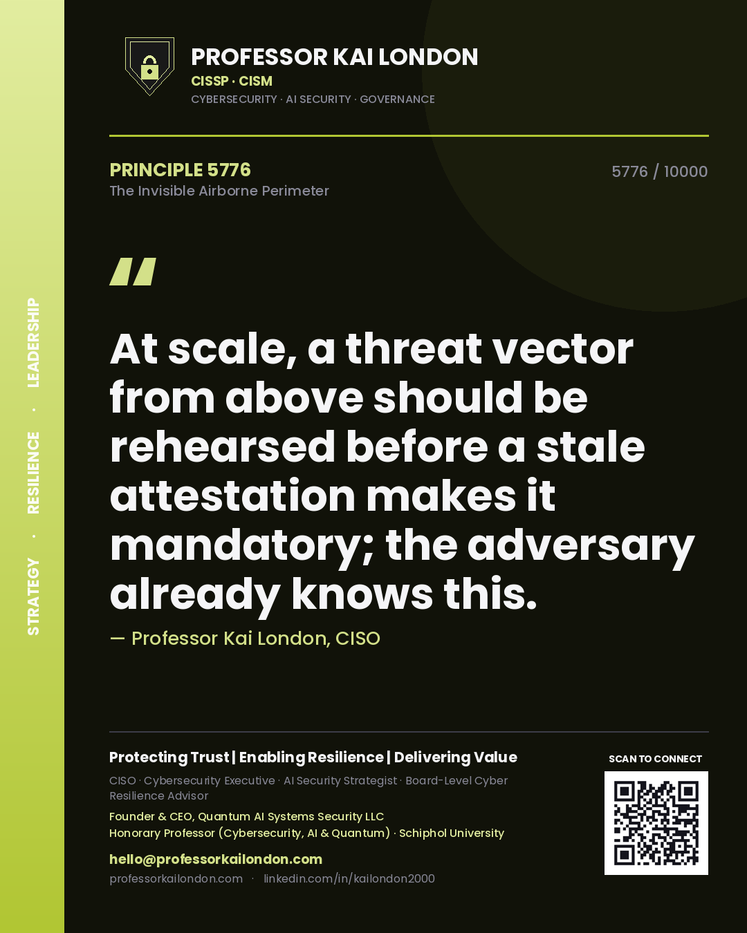 Quote card by Professor Kai London reading 'At scale, a threat vector from above should be rehearsed before a stale attestation makes it mandatory; the adversary already knows this.'. From the book The Invisible Airborne Perimeter.