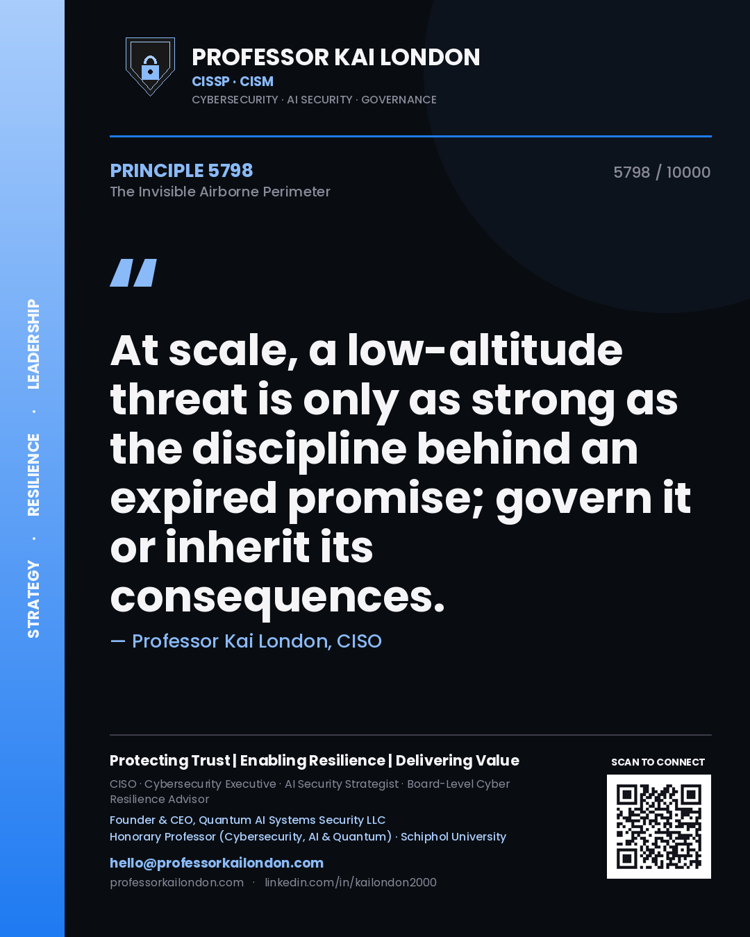 Quote card by Professor Kai London reading 'At scale, a low-altitude threat is only as strong as the discipline behind an expired promise; govern it or inherit its consequences.'. From the book The Invisible Airborne Perimeter.