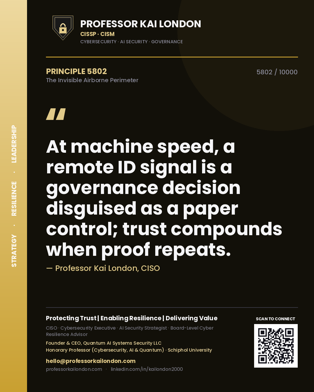 Professor Kai London principle 5802: At machine speed, a remote ID signal is a governance decision disguised as a paper control; trust compounds when proof repeats.