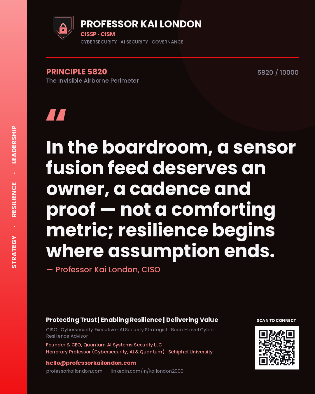 Quote card by Professor Kai London reading 'In the boardroom, a sensor fusion feed deserves an owner, a cadence and proof — not a comforting metric; resilience begins where assumption ends.'. From the book The Invisible Airborne Perimeter.