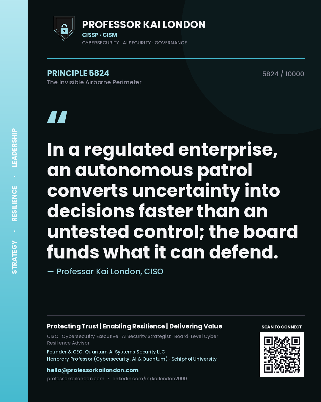 Quote card by Professor Kai London reading 'In a regulated enterprise, an autonomous patrol converts uncertainty into decisions faster than an untested control; the board funds what it can defend.'. From the book The Invisible Airborne Perimeter.