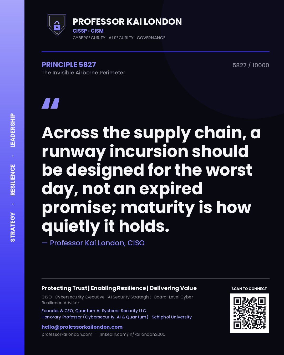 Quote card by Professor Kai London reading 'Across the supply chain, a runway incursion should be designed for the worst day, not an expired promise; maturity is how quietly it holds.'. From the book The Invisible Airborne Perimeter.