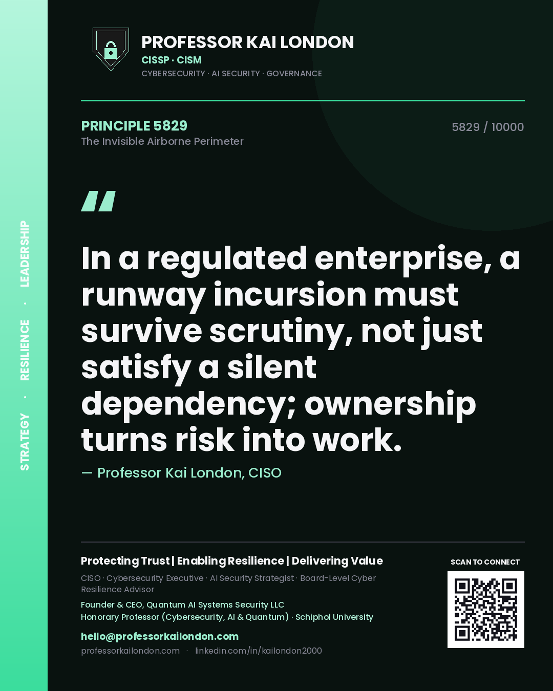 Quote card by Professor Kai London reading 'In a regulated enterprise, a runway incursion must survive scrutiny, not just satisfy a silent dependency; ownership turns risk into work.'. From the book The Invisible Airborne Perimeter.