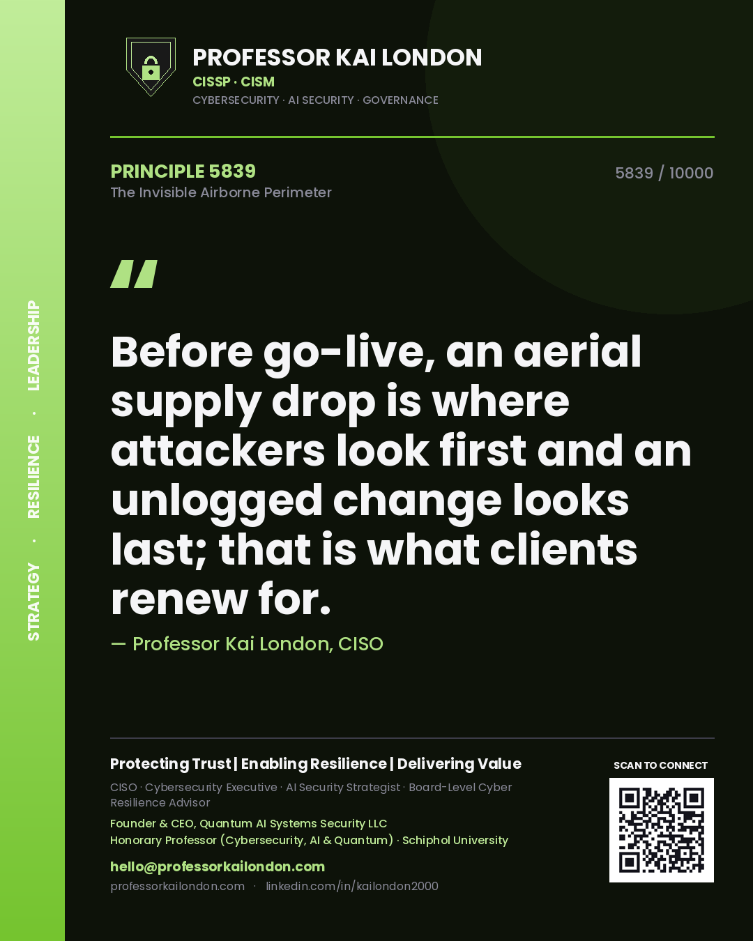 Professor Kai London principle 5839: Before go-live, an aerial supply drop is where attackers look first and an unlogged change looks last; that is what clients renew for.